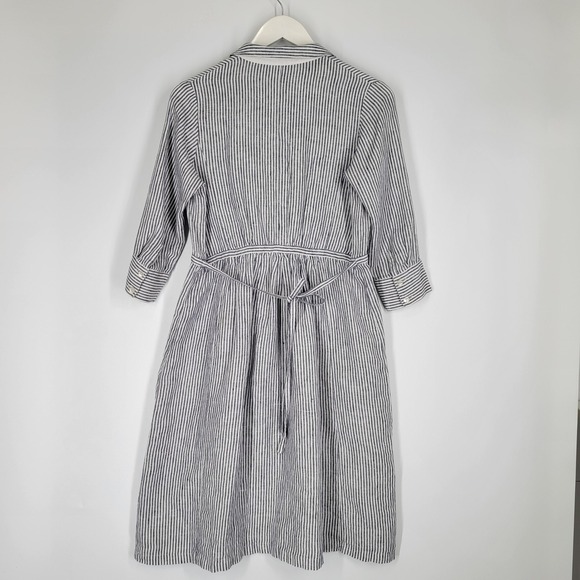 NIMES 100% Linen Shirt Dress Sz Medium Blue White Stripe Nautical Cottage - Picture 2 of 8